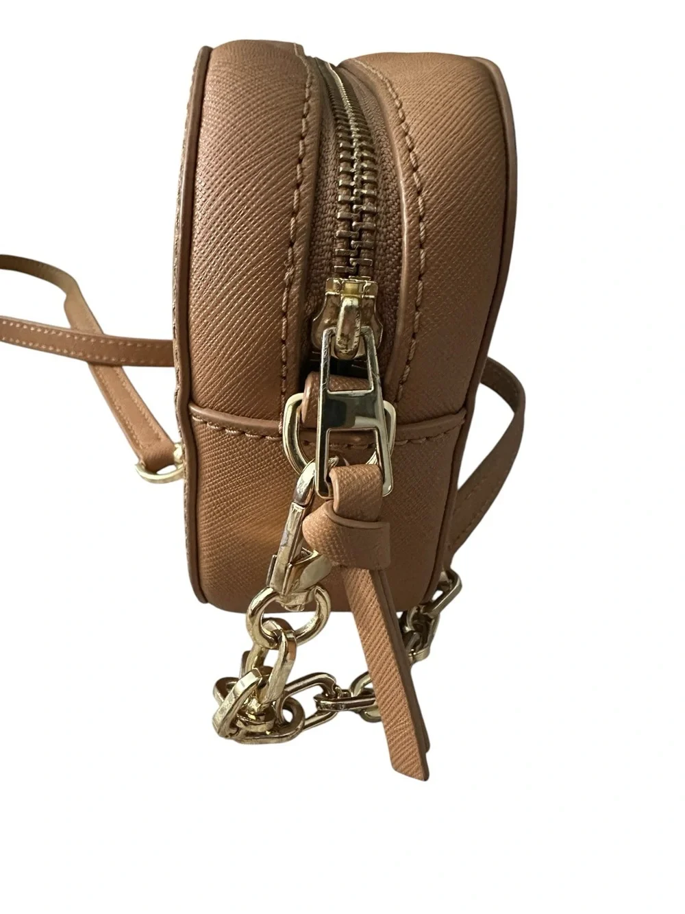 Tory Burch Tan Leather Crossbody Camera Bag with Gold Chain